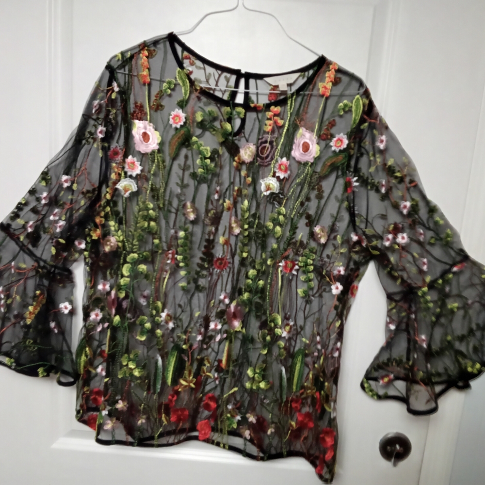 Adiva Black and Pink Flutter Sleeve Embellished Blouse